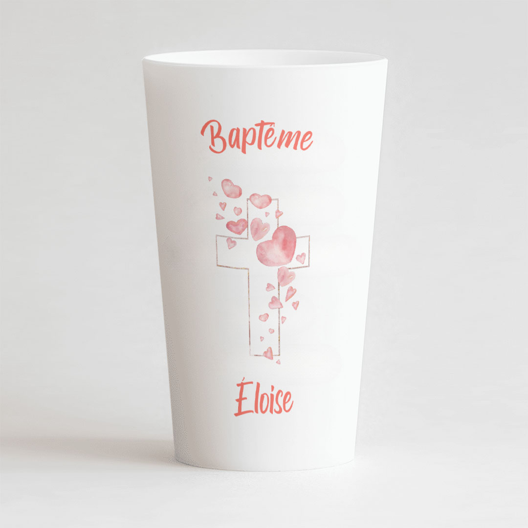 Gobelet Personnalisé Baptême Croix avec Cœur Rose – CUP 25-33 Digital